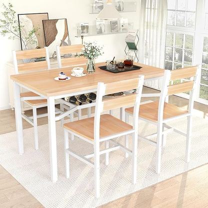 Hooseng Dining Table Set for 4, Wood Kitchen Table Chairs Set with Storage, Farmhouse 5 Piece Dining Room Table Set, Space-Saving Dinette Set for Breakfast Nook, Apartment