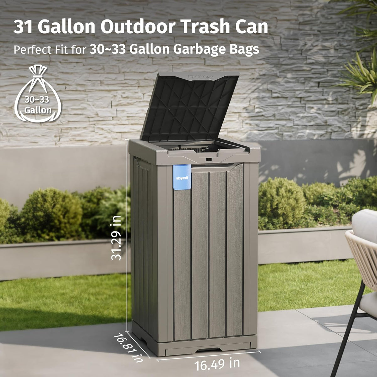 EAST OAK 31 Gallon Outdoor Trash Can | Waterproof Resin Garbage Can with Recycle and Garbage Labels | Secure Bag Lip Lock and Drip Tray | Outside Trash Bin for Patio | Kitchen, Backyard or Deck | Gray
