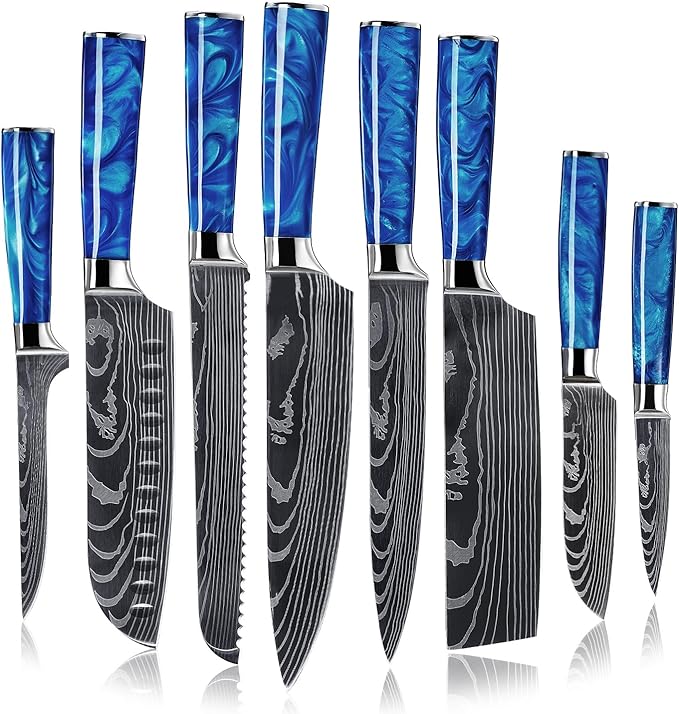 SENKEN 8-Piece Japanese Knife Set - Blue Resin Handle, Laser Damascus Blades - Chef's, Santoku, Bread & Paring Knives