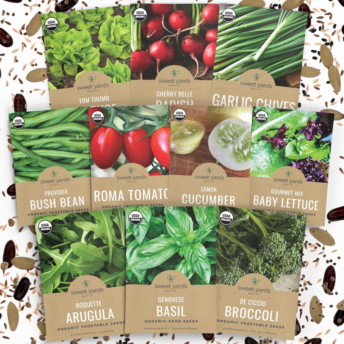 Organic Container Garden Seeds Variety Pack - 10 Individual Packs - 2025 Season - Ruquette arugula, Genovese Basil and More! for Indoor & Outdoor Planting (Non-GMO, Certified Organic)