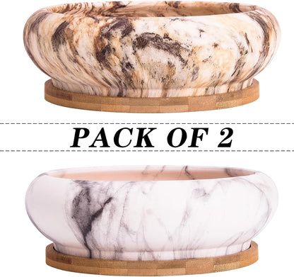 ARTKETTY Succulent Pots - 7.3 Inch Ceramic Bonsai Pots with Trays Set of 2, Large Succulent Plant Pots with Drainage Shallow Planters for Indoor Plants Marble Cactus Flower Plant Container Bowl
