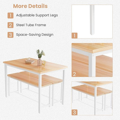 Recaceik Dining Table Set with Bench, 3 Pieces Dining Furniture Set Kitchen Table Set Sturdy Structure Space-Saving Dinette for Kitchen, Dining Room Breakfast Nook, Living Room, Beige