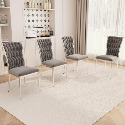 Velvet Dining Chairs Set of 4, Modern Upholstered Kitchen Chairs with Silver Metal Legs, Woven Velvet Fabric and High Back, Dirt Resistance, Easy to Assemble, for Home, Living Room - Dark Grey