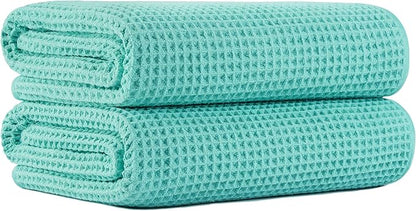 New Microfiber Waffle Bath Towels, 2 Pieces, Oversized, Soft, Absorbent, Fast Drying, Lint Free (Turquoise)