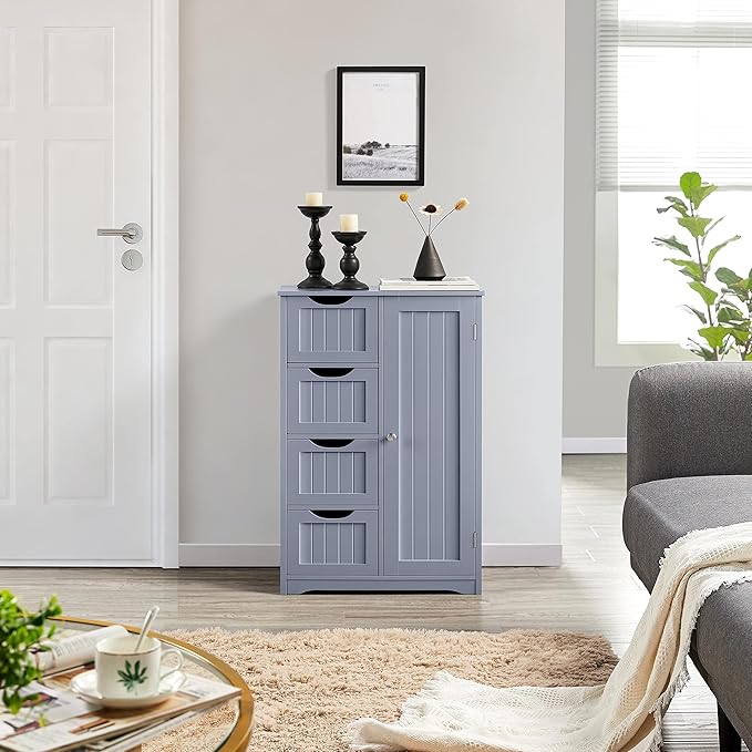 Yaheetech Bathroom Floor Cabinet, Freestanding Storage Organizer Unit Kitchen Cupboard W/ 4 Drawers & Adjustable Shelves, Using for Kitchen/Bathroom, Gray