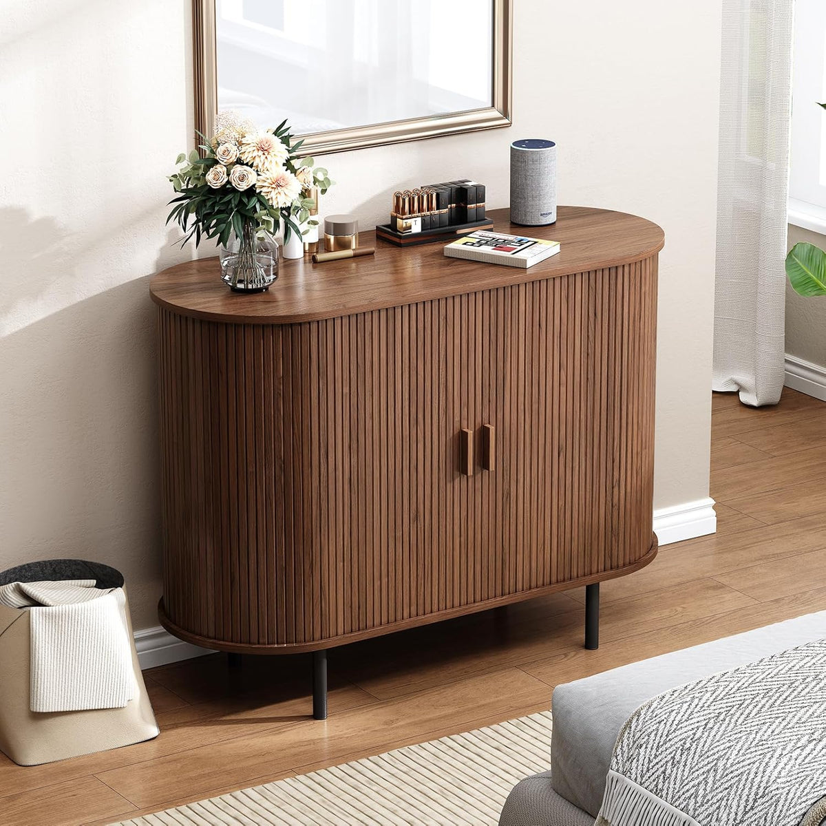 Buffet Cabinet with Storage, Fluted Sideboard Buffet with Sliding Door, Coffee Bar Cabinet with Adjustable Shelf, Console Table, Accent Table for Entryway, Kitchen (Walnut, 40 Inch)