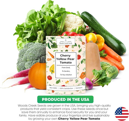Woods Creek Seeds: Yellow Pear Tomato Seeds for Planting - Heirloom Tomato Seeds for Planting Outdoors, Indoors, Patio or Home Plant Garden - Non-GMO Seed Pack of Indeterminate Pear-Shaped Tomatoes