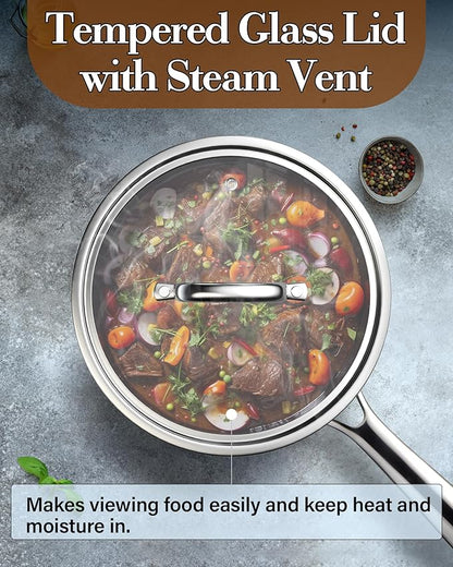 Cook N Home Stainless Steel Saucepan 1.5 Quart, Tri-Ply Full Clad Sauce Pan with Glass Lid, Silver