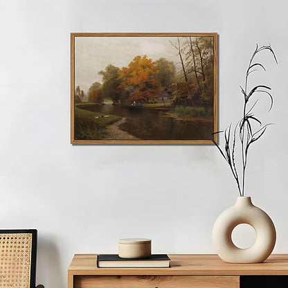 Floating Framed Canvas Wall Art Decor – Vintage Autumn by the Water Landscape Paintings Prints, Nature Countryside Pictures Wall Decor for Living Room Bedroom Office Decoration 12x16 inch