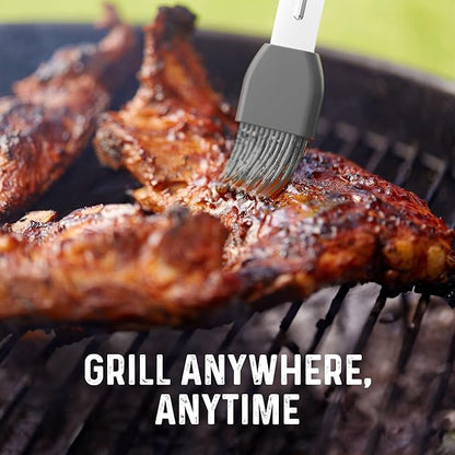 Stainless Steel BBQ Tool Set with Rotating Stand & Drip Pan | Grill Tool Kit Complete with Spatula, Tongs, Fork, Brush | Durable, Easy to Clean Grilling Kit | Essential BBQ Tools