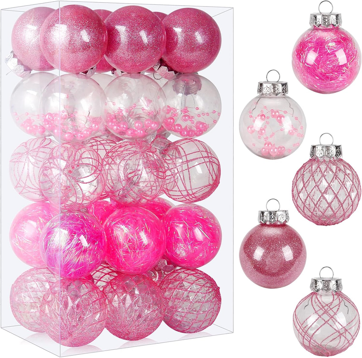 Pink Christmas Ball Ornaments, 30ct 2.36 Inch Shatterproof Clear Plastic Ornaments for Holiday Wedding Party Gift Decoration