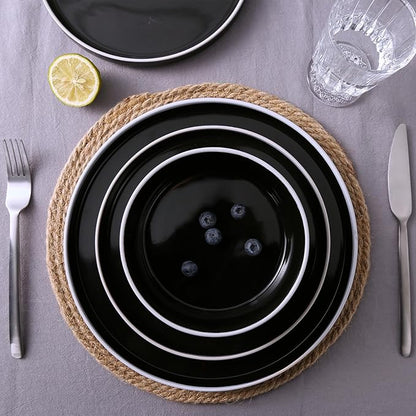 Famiware Nebula Plates and Bowls Set, 24 Pieces Dinnerware Sets, Dishes Set for 8, Black with White Rim