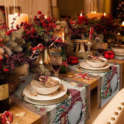 Christmas Gnomes Cotton Linen Table Runner for Dining Kitchen, Xmas Pine Tree Snowflake Rustic Wedding Outdoor Party Tablerunners Decoration, Retro Wood Dresser Scarf Tablecloth Runners 13x48 Inches