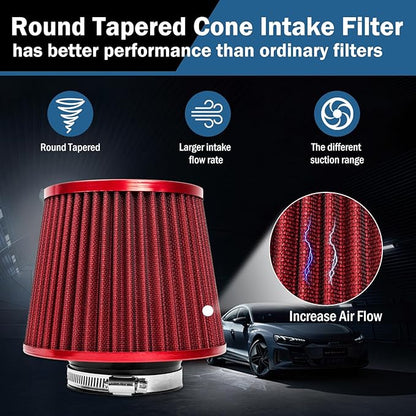 Universal Clamp-On Air Intake Filter, High Performance, Washable Filter, Replacement Air Filter, Flange Diameter 3inch/76mm (Red)