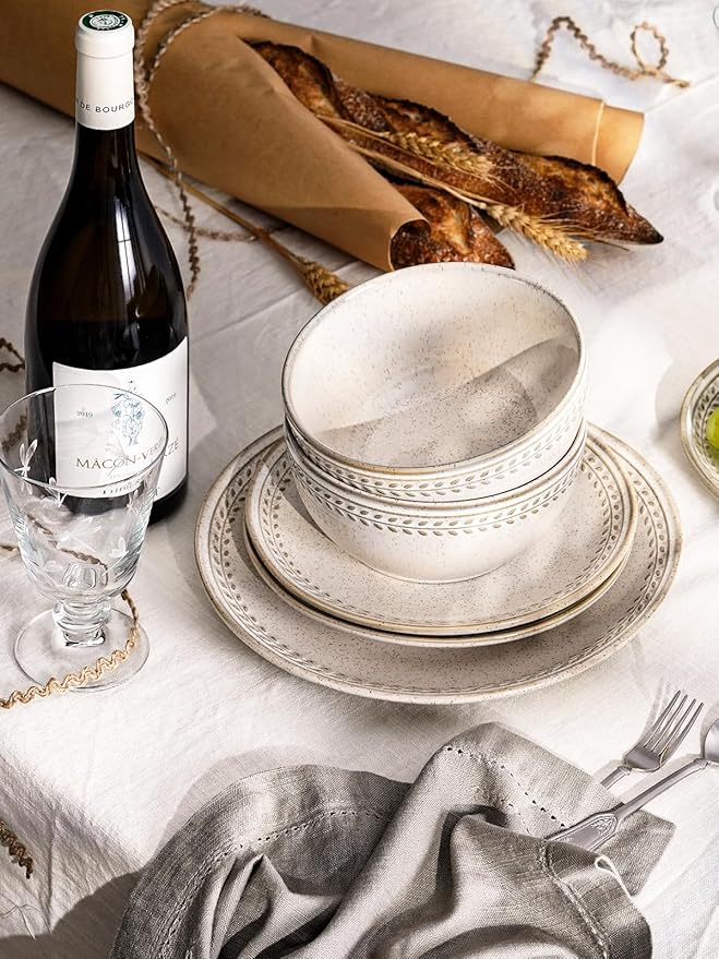 Dinnerware Sets for 4, 12 Piece Ceramic Dish Set with Plates and Bowls | Oven/Dishwasher/Microwave Safe | Ideal for Housewarming | Reactive Beige (10" Plate+8" Dish+27oz Bowl)