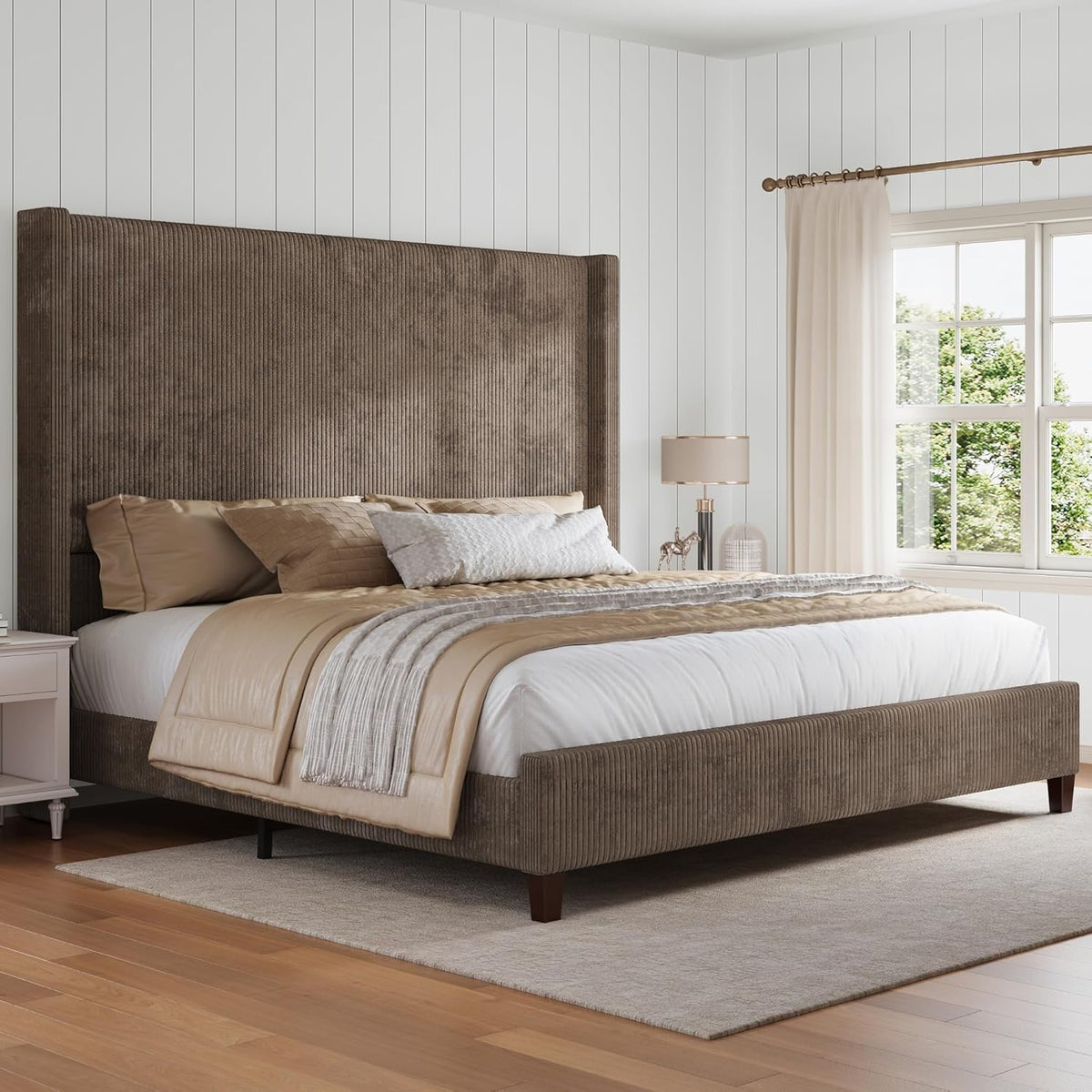 HOWE Upholstered Queen Bed Frame with 61" Tall Wingback Headboard, Chestnut