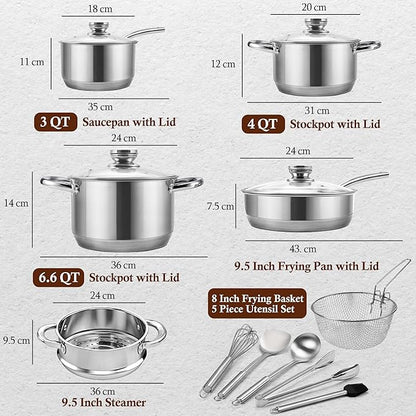 15-Piece Stainless Steel Cookware Set, Non-Toxic Pots and Pans Set with Glass Lids, Kitchen Induction Cookware with Steamer, Utensils Set & Fry Basket, Dishwasher & Oven Safe, Silver