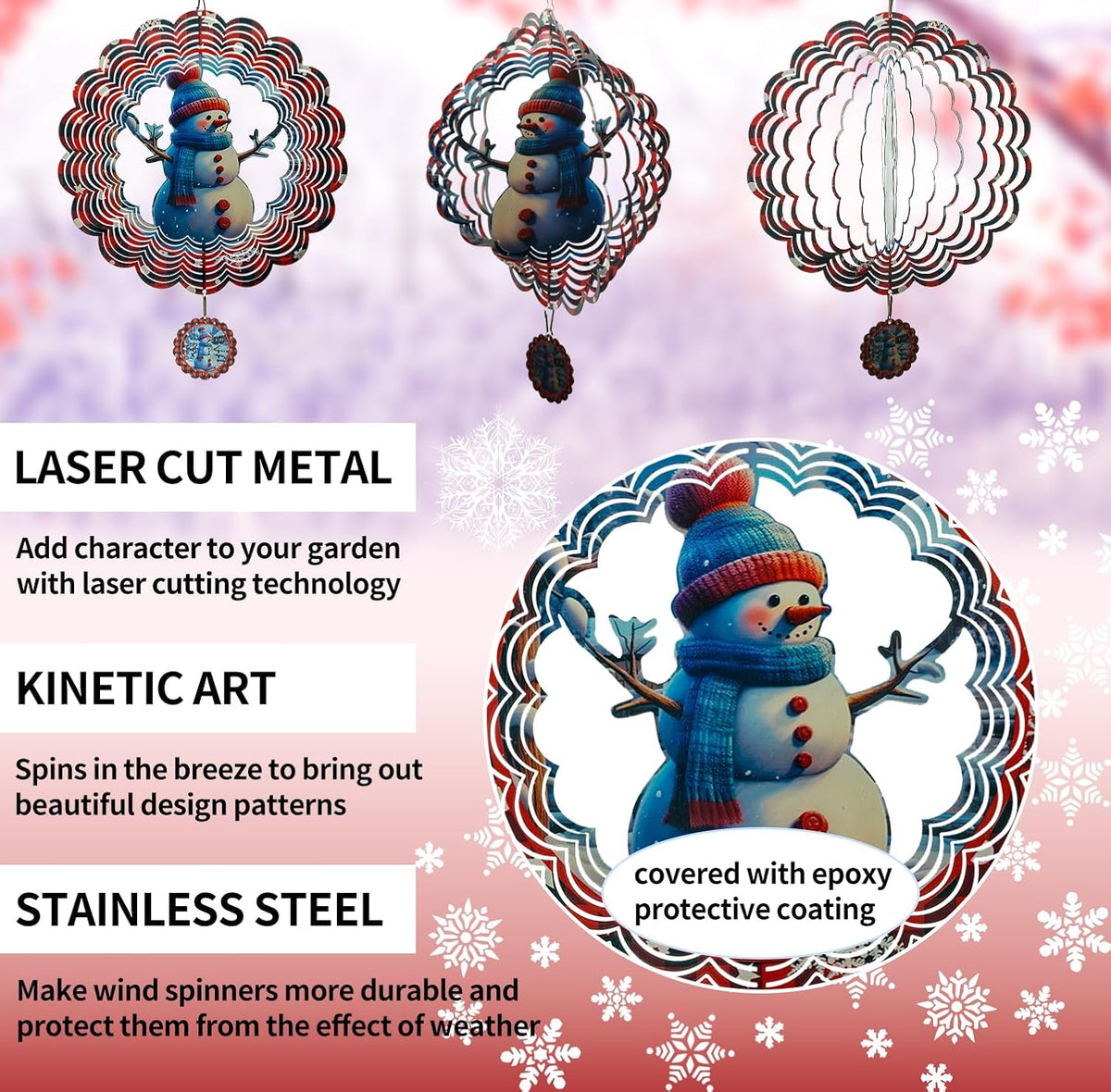 3D Snowman Wind Spinners for Yard and Garden Christmas Decor 12 Inch Outdoor Metal Stainless Steel Wind Spinner Unique Gift Xmas Wind Sculptures