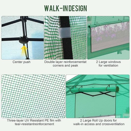 8.5 x 7 FT Walk-in Greenhouse, Portable Pop-up Green House 3 Adjustable Hights Heavy Duty Plant Gardening Canopy with Durable PE Cover for Indoor Outdoor (Clear and Green)