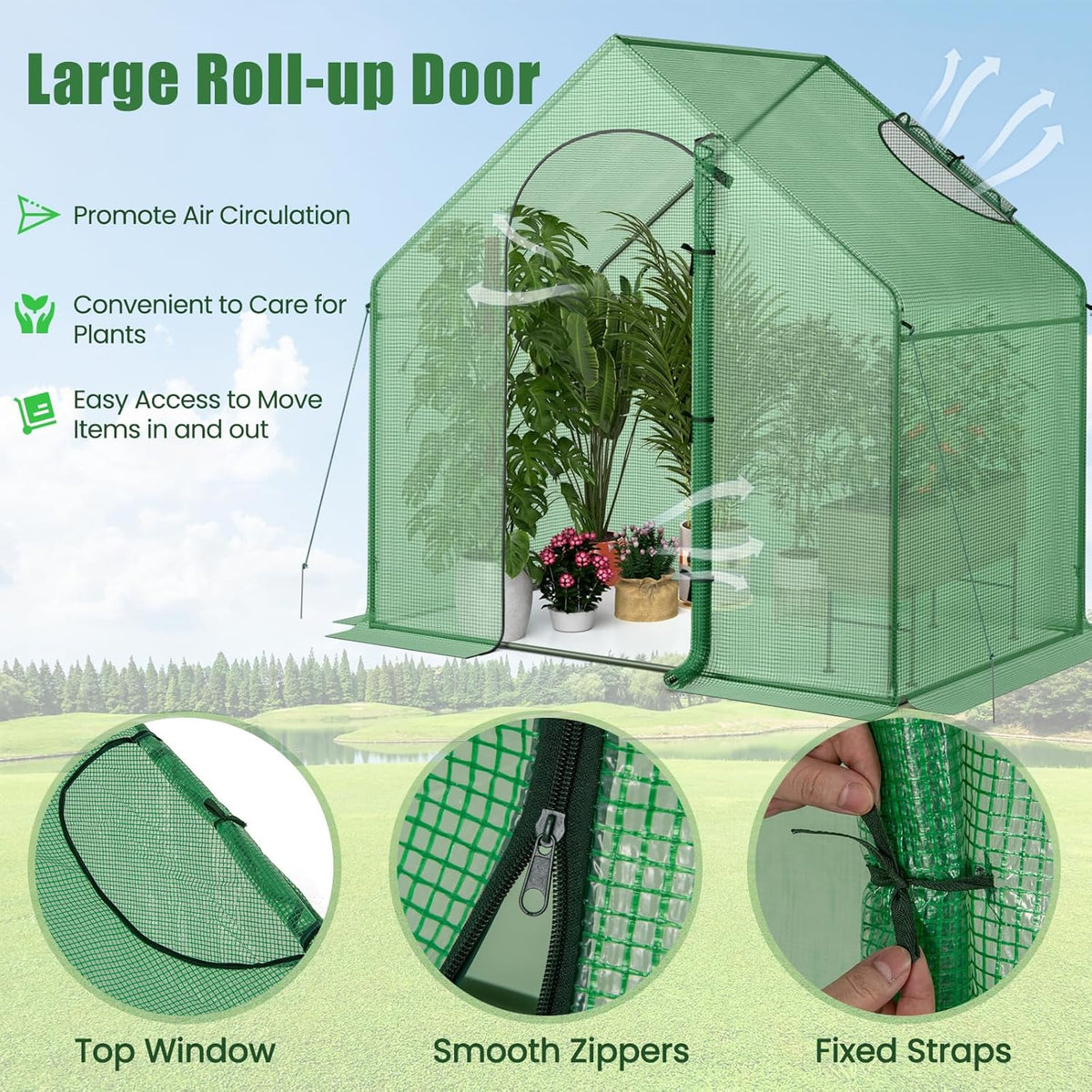 HAPPYGRILL Walk-in Greenhouse, 6 x 3 x 5.5 FT Portable Outdoor Green House for Winter w/ PE Cover, Rustproof PE-Coated Metal Frame, Roll-up Zippered Door, Window, Greenhouse for Outdoors