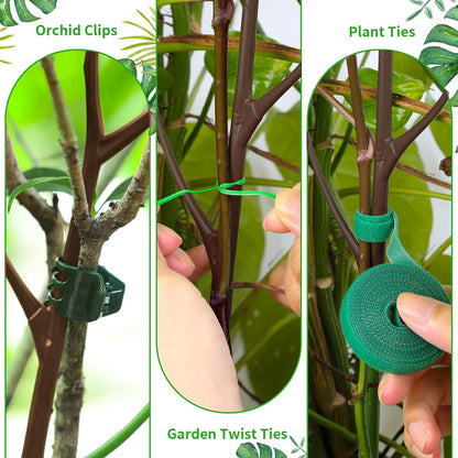 4 Pack 27.56" Detachable Twig Plant Support Stakes Set, Blends in to Plant, Branch Plant Sticks with Orchid Clips Twist Plant Ties, Twig Trellis for Indoor Outdoor Plants Potted Plants Flower