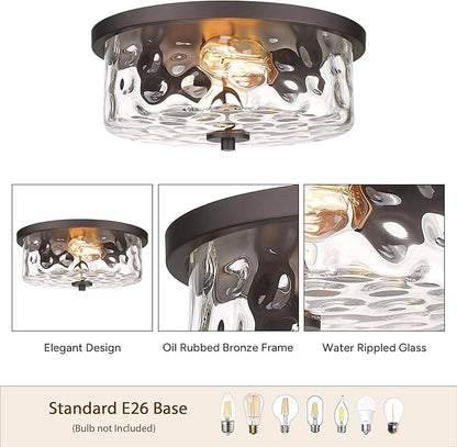 Indoor Flush Mount Lights, 2-Light Interior Hammered Glass Ceiling Fixture, Antique Bronze for Hallway, Dining Room, Kitchen