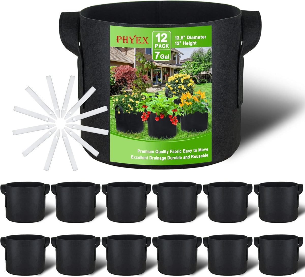 PHYEX 12-Pack 7 Gallon Grow Bags, Heavy Duty Fabric Pots with Handles, Reusable Plant Bags for Vegetable, Herbs & Flowers, BPA-Free, Breathable, Durable