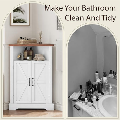 Smuxee Bathroom Corner Storage Cabinet, Farmhouse Floor Corner Cabinet with Barn Door and Adjustable Shelf, White Narrow Cabinet Organizer for Bathroom, Living Room, Kitchen