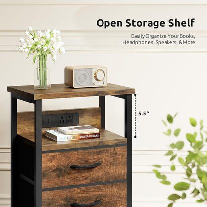 Lazzanto Night Stand with Charger Station for Bedroom, Brown Nightstand | Bedside Table, Open Shelf, 2 Fabric Drawers, Built in USB-A, USB-C Port & AC Outlets, For Dorm, Living Room, Bedroom