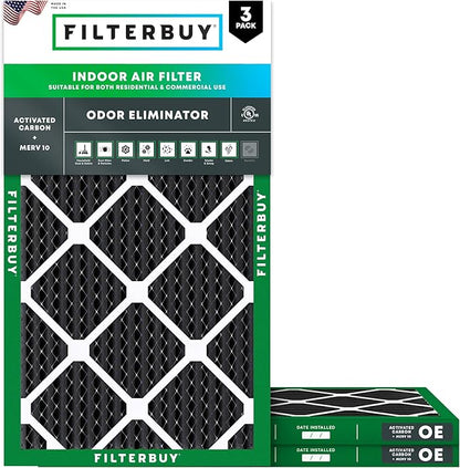 Filterbuy 16x30x1 Air Filter MERV 10 Odor & Allergy Defense with Activated Carbon (3-Pack), Electrostatic Pleated HVAC AC Furnace Filters Replacement, Made in USA (Actual Size: 15.75 x 29.75 x 0.75)