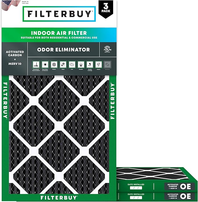 Filterbuy 18x30x1 Air Filter MERV 10 Odor & Allergy Defense with Activated Carbon (3-Pack), Electrostatic Pleated HVAC AC Furnace Filters Replacement, Made in USA (Actual Size: 17.75 x 29.75 x 0.75)