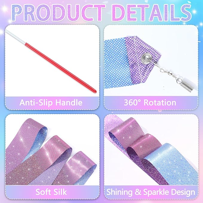 24 Pcs Sparkling Dance Ribbon for Kids Rhythmic Gymnastics Birthday Party Favors Twirling Streamer for Girl Princess Artistic Dancing Outdoor Game Supplies(Gradient Blue Purple)