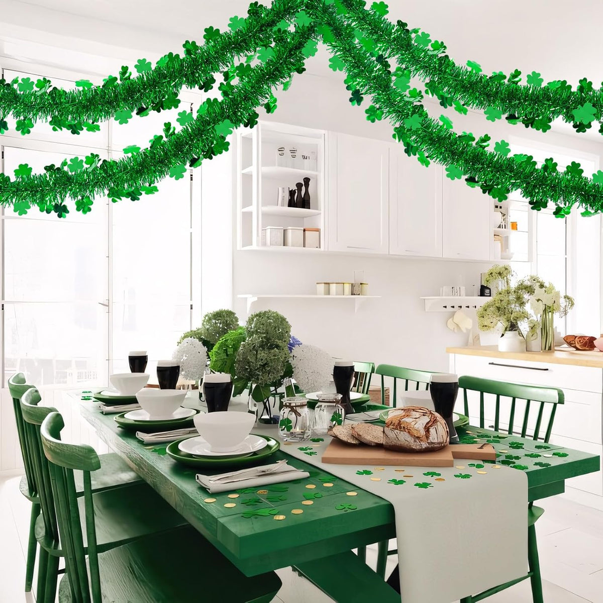 2 Pack St Patrick’s Day Tinsel Garland Decoration 66 Feet Hanging Metallic Green Shamrock Garland for Irish Festival Mantle Wall Window Decor