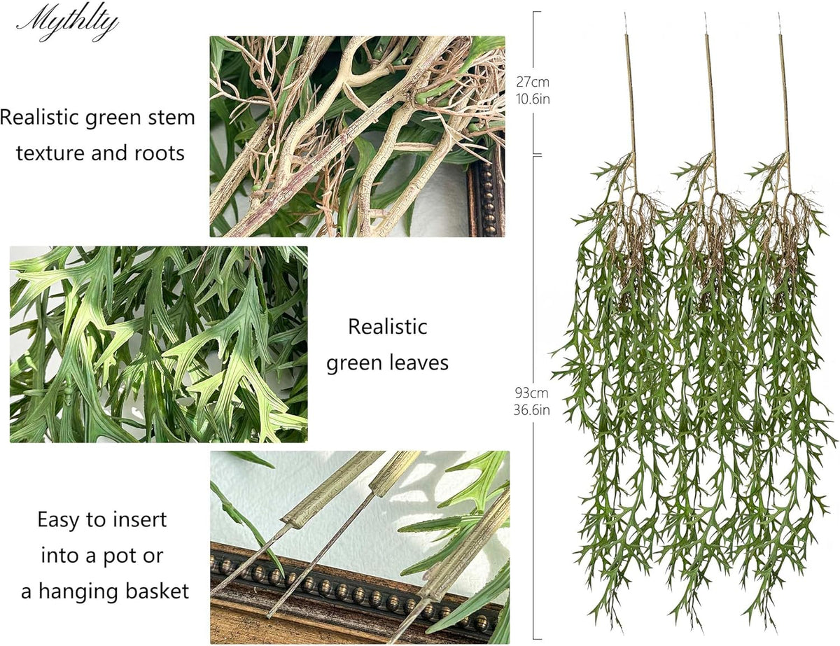 3 Fake Hanging Plants of Lambs Ear Stems with Roots, 47.24 inch Faux Hanging Greenery Plastic Plants for Party Home Office Farmhouse Greenery Wall, Ceiling, Bathroom, Porch Spring Decor