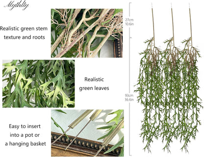 3 Fake Hanging Plants of Lambs Ear Stems with Roots, 47.24 inch Faux Hanging Greenery Plastic Plants for Party Home Office Farmhouse Greenery Wall, Ceiling, Bathroom, Porch Spring Decor