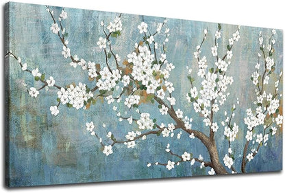 Elegant Flowers Canvas Wall Art - Plum Blossom Pictures for Wall Decor Rustic Turquoise Canvas Painting Nature Printing Artwork for Living Room Bedroom Home Office Wall Decoration 24" x 48"