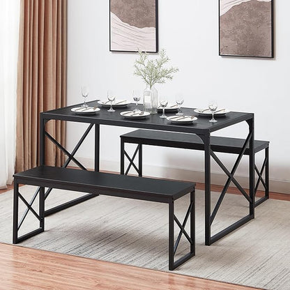 VECELO Kitchen Dining Table Set for 4 to 6, 55" Wood Dinette 2 Benches with Metal Frame for Dinner Breakfast Nook and Small Space, Black