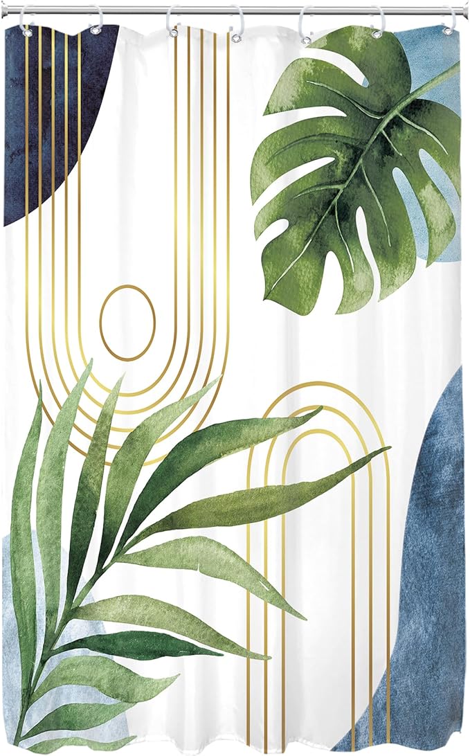 Glawry Narrow Boho Blue Green Shower Curtain Mid Century Modern Abstract Tropical Palm Leaf Botanical Minimalist Bathroom Geometric 48Wx72L Inches Bath Accessories Art Home Decor Fabric 7 Pack Hook