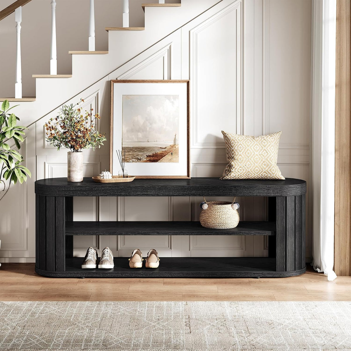 Tribesigns 47.2" Wooden Entryway Bench with 2-Tier Shoe Storage, Farmhouse Dining Bench with Adjustable Foot Pads, End of Bed Stool for Bedroom, Hallway, Living Room, Dining Room, Black