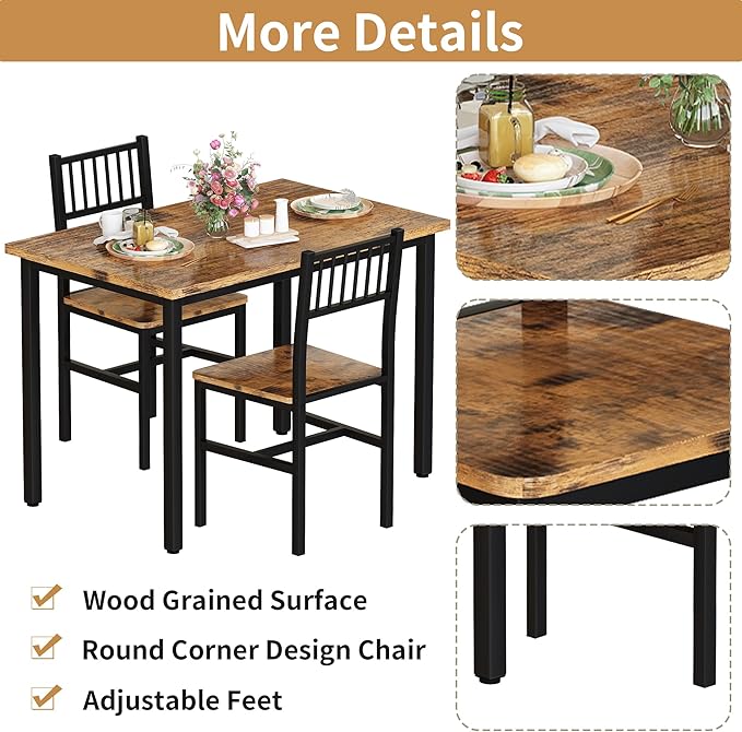 Lamerge Small Kitchen Table Set for 2, Industrial Dining Breakfast Table and 2 Chairs, 3 Pieces Dining Table Set for Dining Room, Living Room, Apartment, Small Space (Retro Brown)