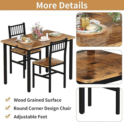 Lamerge Small Kitchen Table Set for 2, Industrial Dining Breakfast Table and 2 Chairs, 3 Pieces Dining Table Set for Dining Room, Living Room, Apartment, Small Space (Retro Brown)