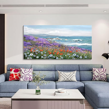 YDYSUNE Coastal Wall Art Ocean Picture for Living Room Blue Modern Home Bedroom Decoration Coast Beach Flower Painting Seascape Framed Artwork Decor 24×48IN