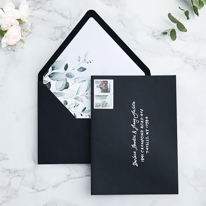 PONATIA 50 PCS A7 Euro Flap Black Envelopes, 5.25 x 7.25'' Green Liner Envelopes for 5x7 Wedding Invitations, Photos, Postcards, Greeting Cards, Christmas Gift Cards, Acrylic Mailing