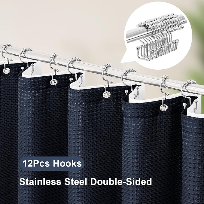 3 in 1 Stall Half Size Navy Blue Shower Curtain Set-36 W x 72 H, Modern Waffle Waterproof Fabric and PEVA Liner Set with Stainless Steel Hooks