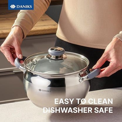 Daniks Modern Stainless Steel Stock Pot with Glass Lid – Induction 3 Quart, Dishwasher Safe, Heatproof Handles, For Soup, Pasta, Stew, Silver