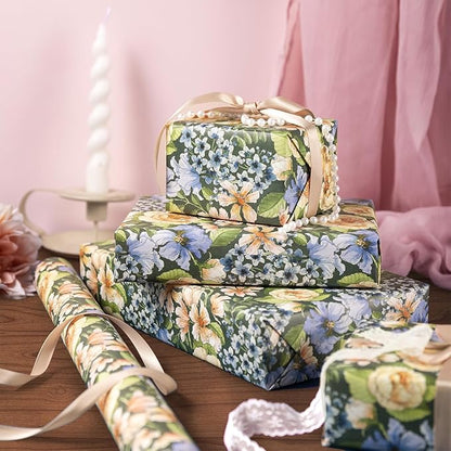 WRAPAHOLIC Kraft Floral Wrapping Paper Roll - Mini Roll - 17 Inch x 16.5 Feet - Vintage Flower Wrapping Paper Perfect for Wedding, Birthday, Bridal Shower, Tea Party