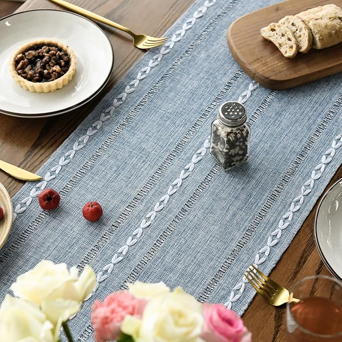 Artoid Mode Dusty Blue Cotton Linen Table Runner, Seasonal Rustic Embroidered Hollow Kitchen Dining Table Decoration for Home Party Decor 13x108 Inch