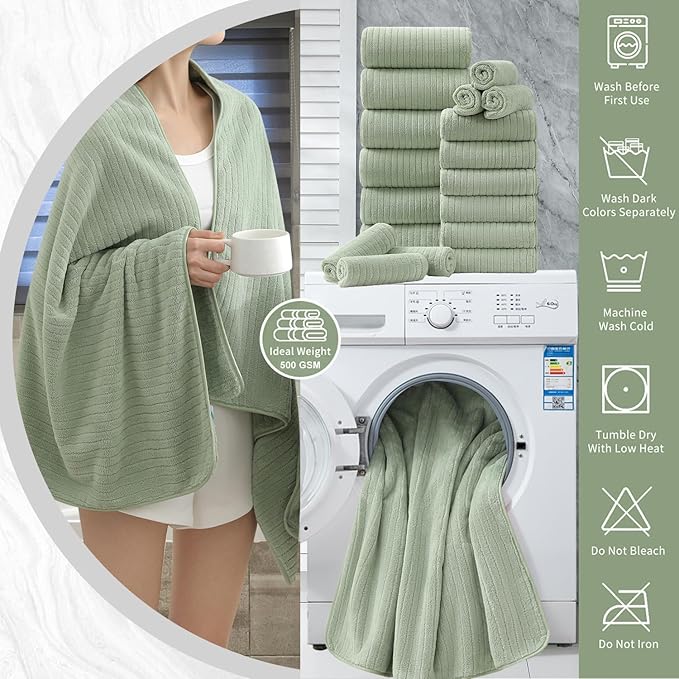 18 Piece Bath Towels Set,Super Soft Family Bathroom Towel Set with Hanging Loops-6 Bath Towels,6 Hand Towels,6 Washcloths,Highly Absorbent Quick Dry Shower Towel for Bathroom,Hotel,Spa-Green Towel Set