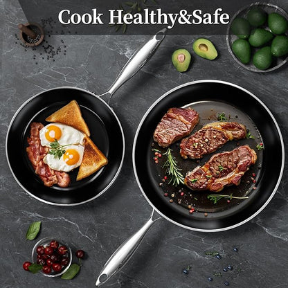 Stainless Steel Frying Pan with Lid 8.6 inch Titanium Ceramic Nonstick Frying Pan,Skillet with Stay-Cool Handle Non Toxic Healthy Ceramics Egg Pans,PFAS PFOA PTFE Free,Suitable for All Stove