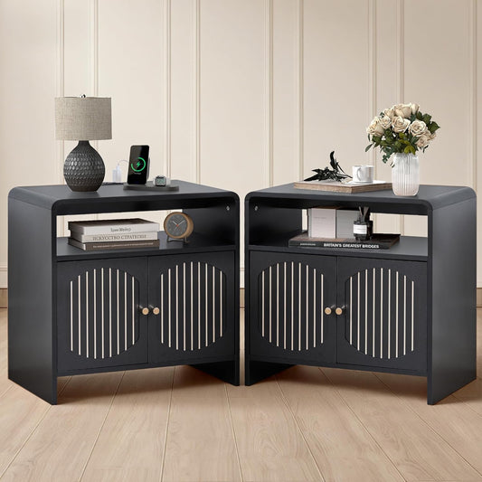 23.6" Modern Black Nightstand Set of 2 with Chariging Station 2AC+USB+Type-C, Classic Striped Side Table with Door+Storage Shelf, Rectangle End Table for Living Room, Bedroom (2, Black)